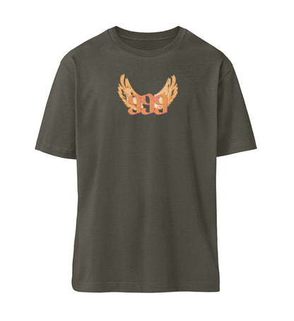 Khaki farbiges T-Shirt Unisex Relaxed Fit für Frauen und Männer bedruckt mit dem Design der Roger Rockawoo Kollektion Engelszahl 999
