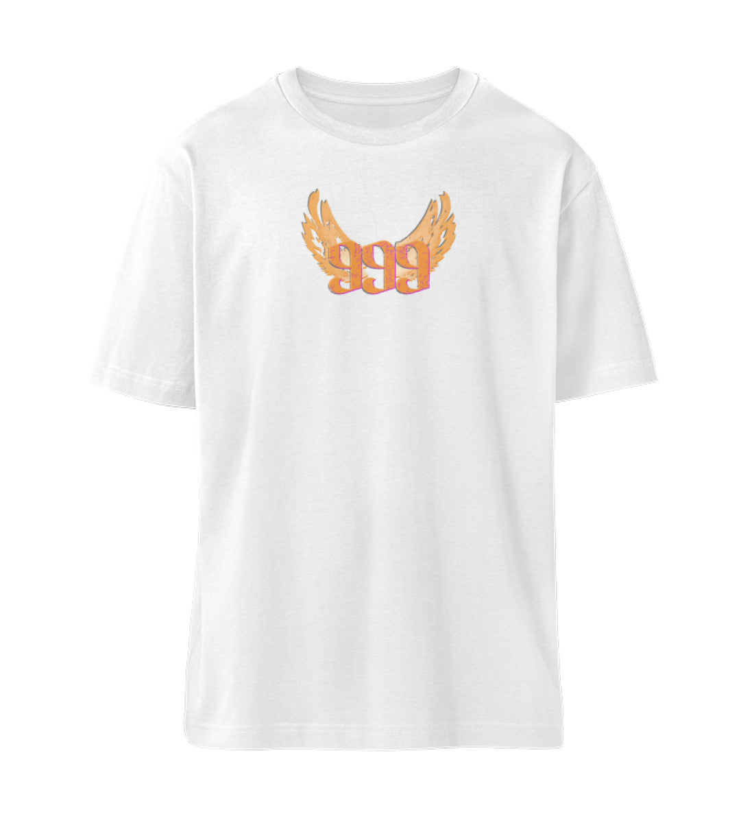 Weißes T-Shirt Unisex Relaxed Fit für Frauen und Männer bedruckt mit dem Design der Roger Rockawoo Kollektion Engelszahl 999