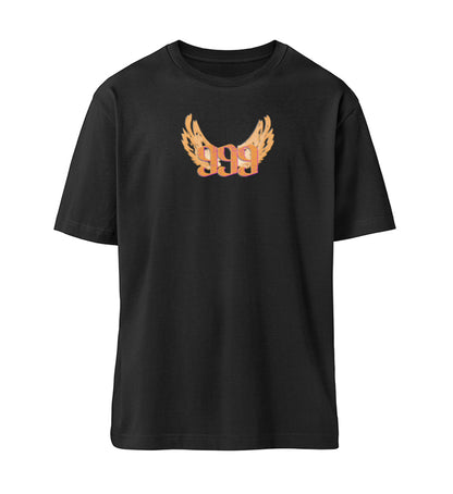 Schwarzes T-Shirt Unisex Relaxed Fit für Frauen und Männer bedruckt mit dem Design der Roger Rockawoo Kollektion Engelszahl 999