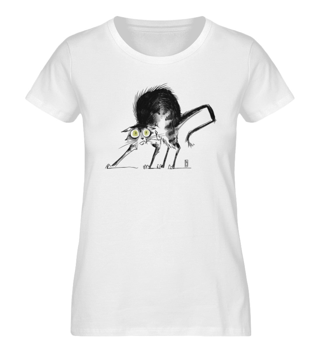 Weißes Damen T-Shirt bedruckt mit dem Design der fraugau Katzen Kollektion do not panic im roger rockawoo clothing onlineshop