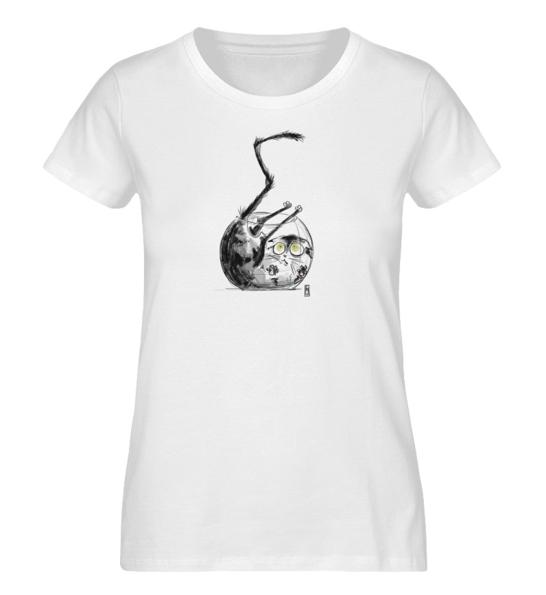 Weißes Damen T-Shirt bedruckt mit dem Design der fraugau Katzen Kollektion goldfish im Roger Rockawoo Clothing Onlineshop
