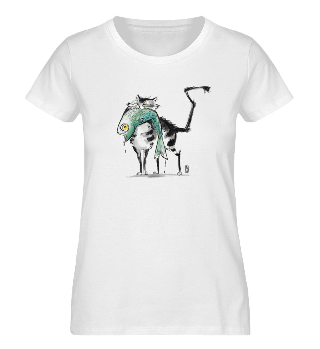 Weißes Damen T-Shirt bedruckt mit dem Design der fraugau Katzen Kollektion how about the fish im Roger Rockawoo Clothing Onlineshop
