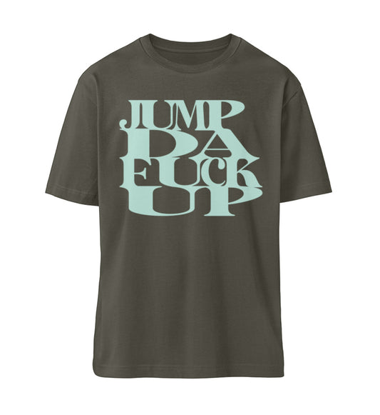 Khaki farbiges T-Shirt Unisex Relaxed Fit für Frauen und Männer bedruckt mit dem Design der Roger Rockawoo Kollektion Mountainbike Freeride jump da fuck up