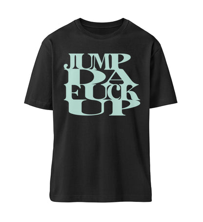 Schwarzes T-Shirt Unisex Relaxed Fit für Frauen und Männer bedruckt mit dem Design der Roger Rockawoo Kollektion Mountainbike Freeride jump da fuck up