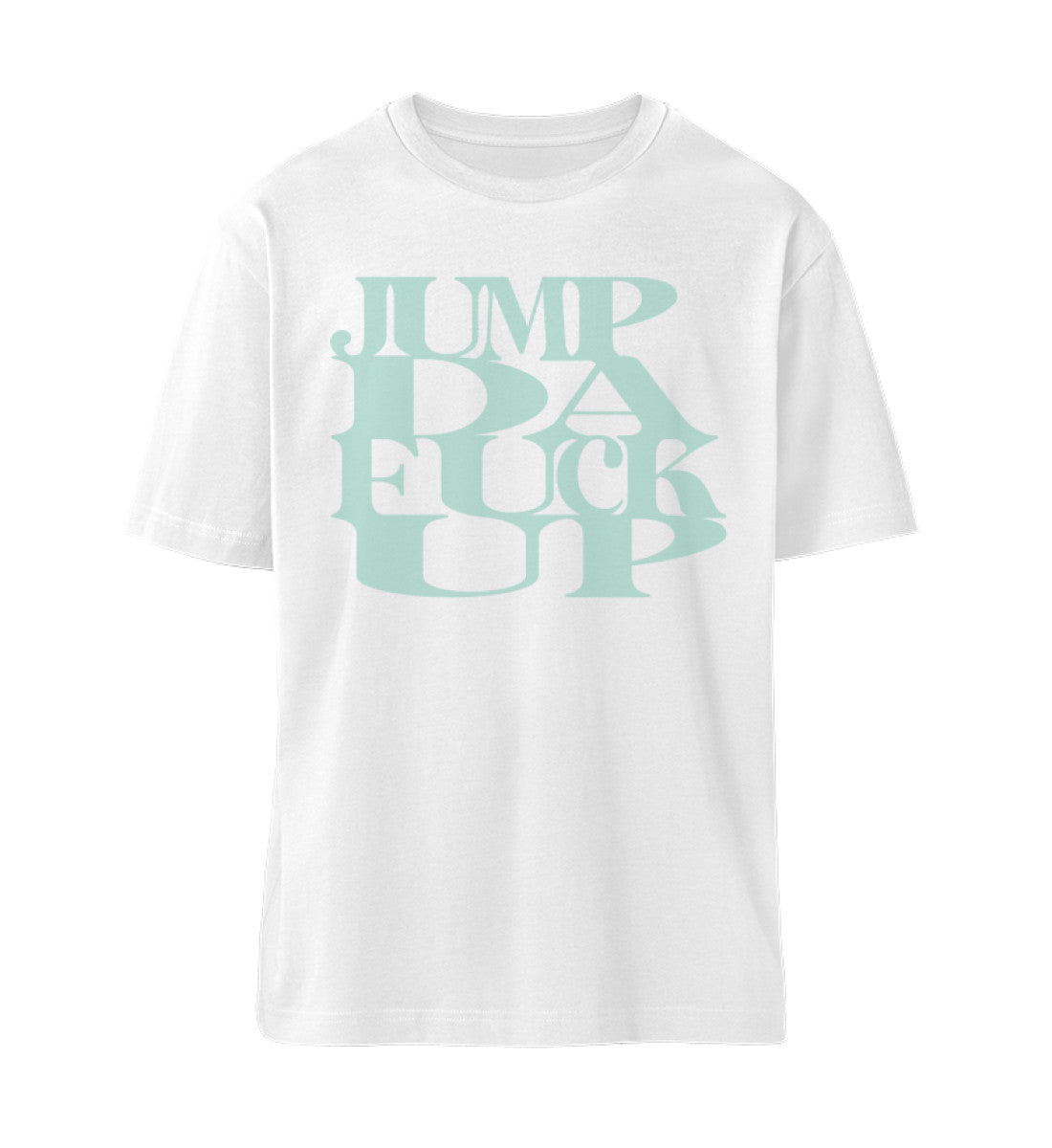 Weißes T-Shirt Unisex Relaxed Fit für Frauen und Männer bedruckt mit dem Design der Roger Rockawoo Kollektion Mountainbike Freeride jump da fuck up