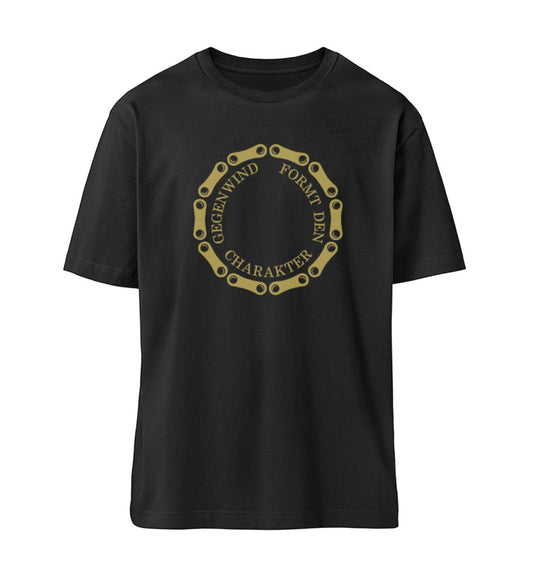 Schwarzes T-Shirt Unisex Relaxed Fit für Frauen und Männer bedruckt mit dem Design der Roger Rockawoo Clothing Kollektion Mountainbike Freeride Downhill Gegenwind formt den Charakter