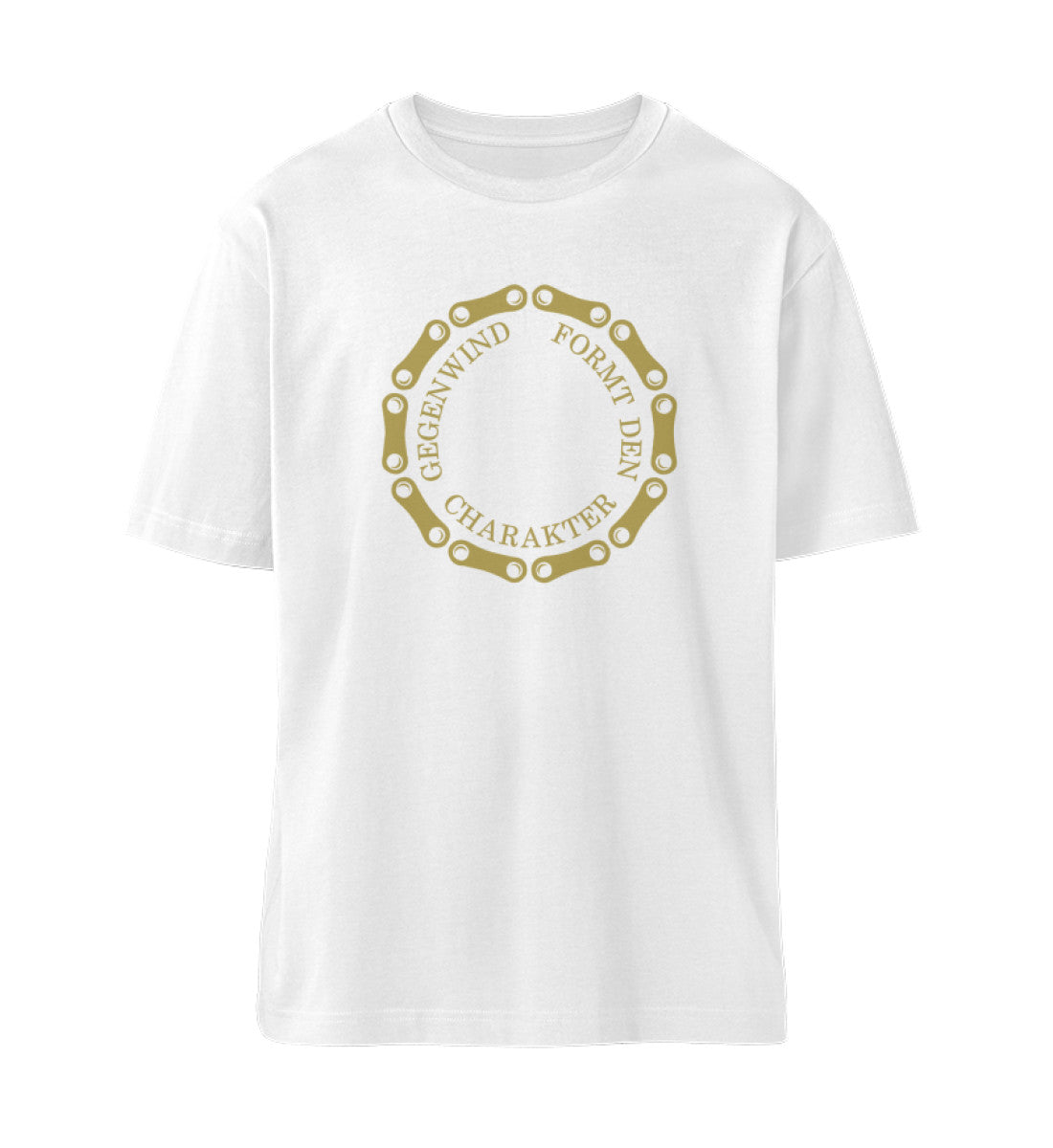 Weißes T-Shirt Unisex Relaxed Fit für Frauen und Männer bedruckt mit dem Design der Roger Rockawoo Clothing Kollektion Mountainbike Freeride Downhill Gegenwind formt den Charakter