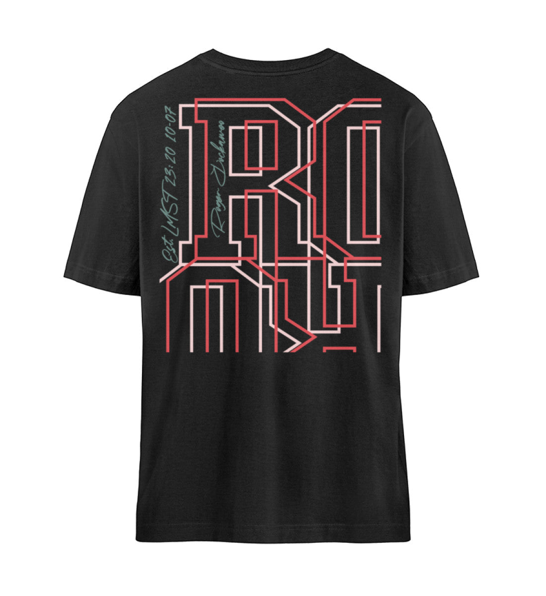 Schwarzes T-Shirt Unisex Relaxed Fit für Frauen und Männer bedruckt mit dem Design der Roger Rockawoo Kollektion gimme thorns keep the roses