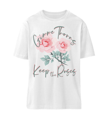 Weißes T-Shirt Unisex Relaxed Fit für Frauen und Männer bedruckt mit dem Design der Roger Rockawoo Kollektion gimme thorns keep the roses