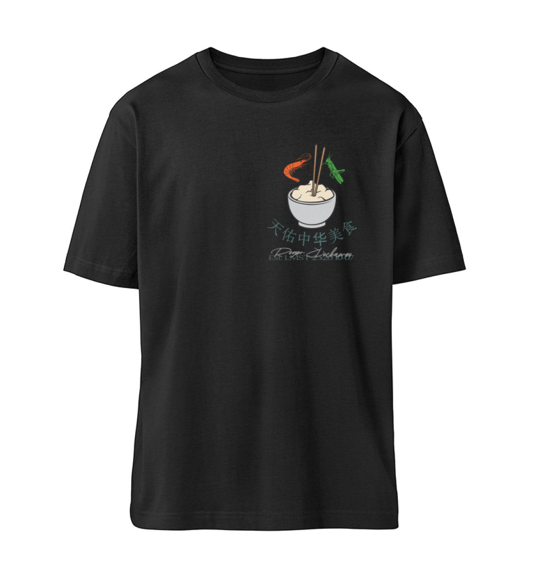 Schwarzes T-Shirt Unisex Relaxed Fit für Frauen und Männer bedruckt mit dem Design der Roger Rockawoo Kollektion god bless chinese food