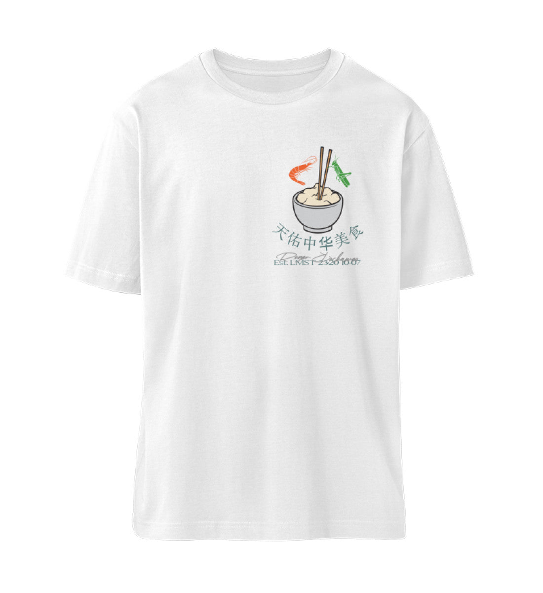 Weißes T-Shirt Unisex Relaxed Fit für Frauen und Männer bedruckt mit dem Design der Roger Rockawoo Kollektion god bless chinese food
