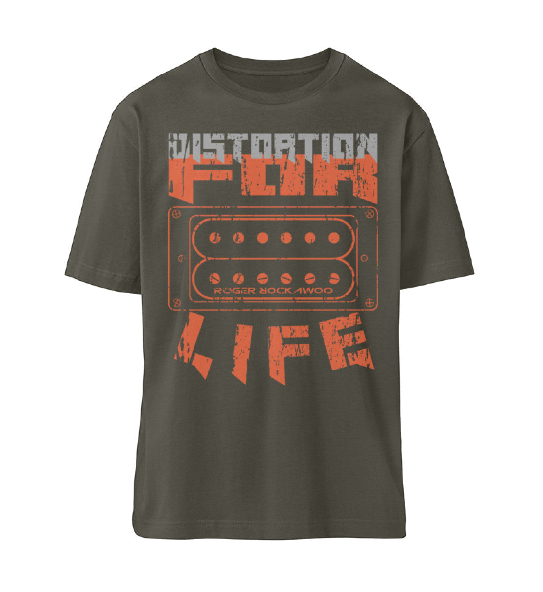 Khaki T-Shirt Unisex Relaxed Fit für Damen und Herren bedruckt mit dem Design der Roger Rockawoo Kollektion E-Gitarre distortion for life