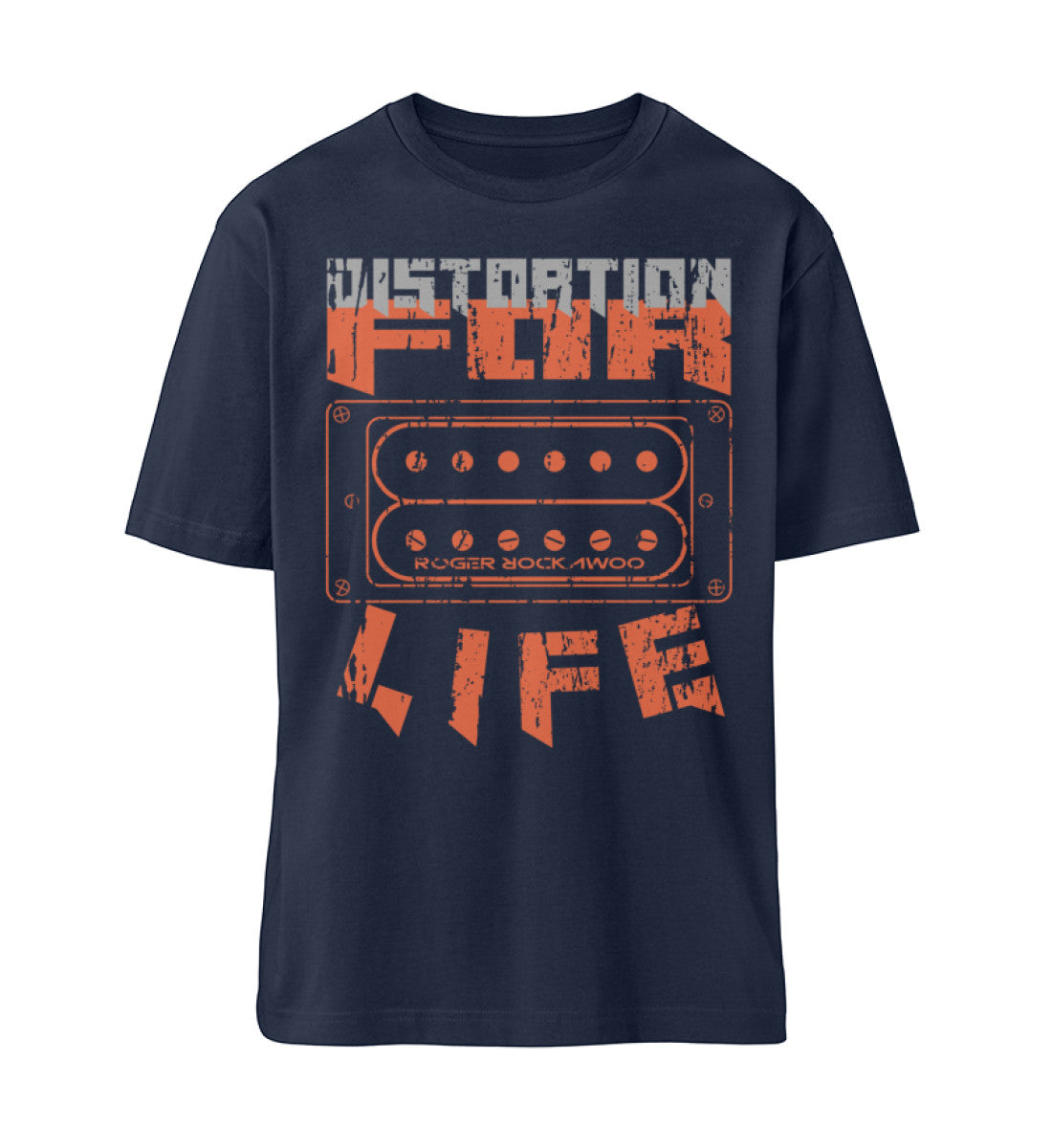 French Navy Blue T-Shirt Unisex Relaxed Fit für Damen und Herren bedruckt mit dem Design der Roger Rockawoo Kollektion E-Gitarre distortion for life