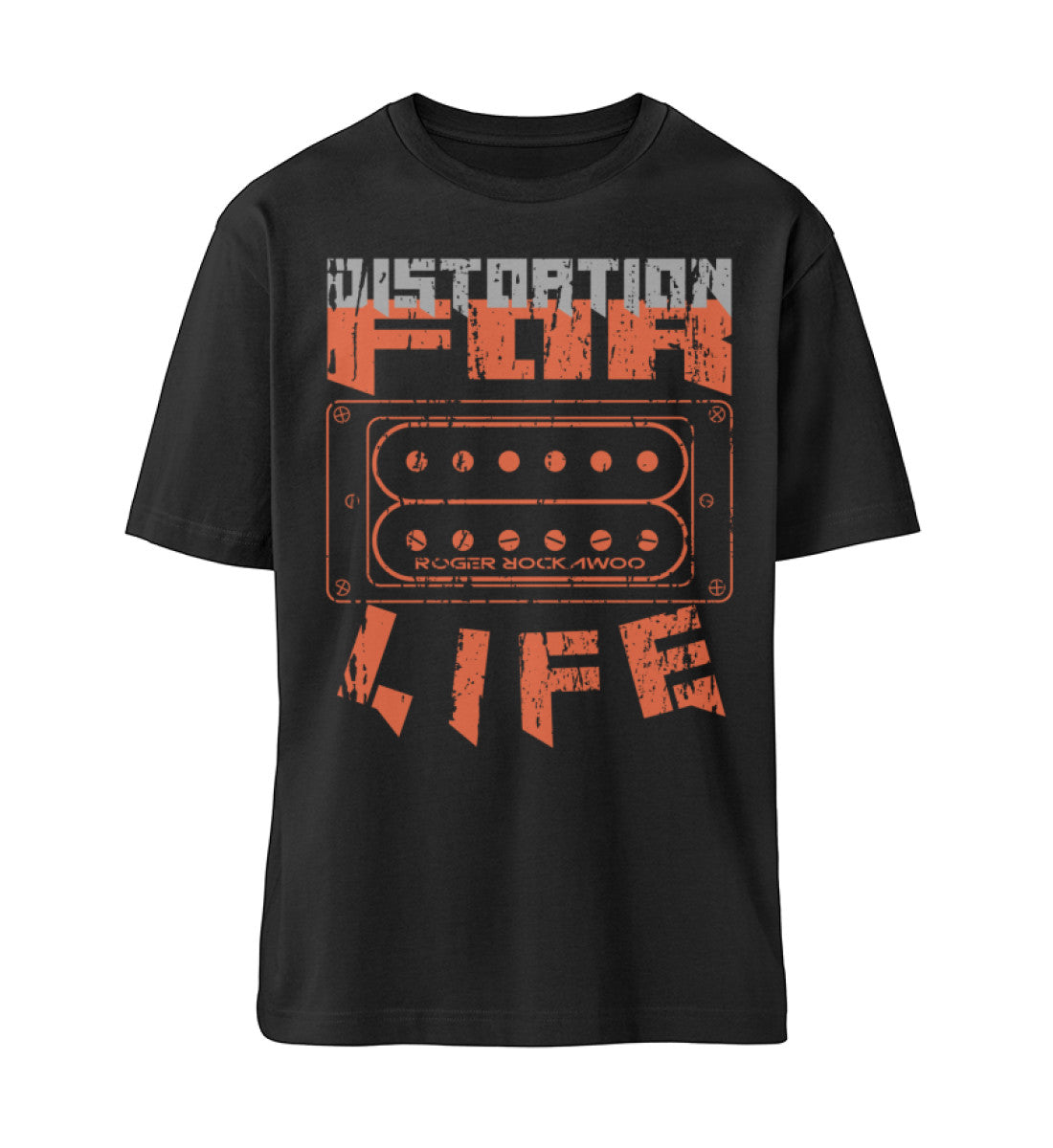 Schwarzes T-Shirt Unisex Relaxed Fit für Damen und Herren bedruckt mit dem Design der Roger Rockawoo Kollektion E-Gitarre distortion for life