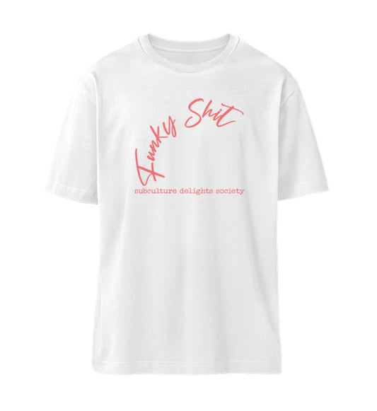 Weißes T-Shirt Unisex Relaxed Fit für Frauen und Männer bedruckt mit dem Design der Roger Rockawoo Clothing Kollektion Guitar Funky Shit