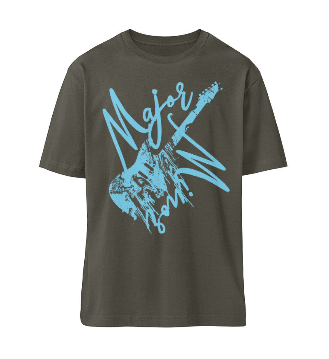 Khaki T-Shirt Unisex Relaxed Fit für Frauen und Männer bedruckt mit dem Design der Roger Rockawoo Kollektion Guitar Major or Minor
