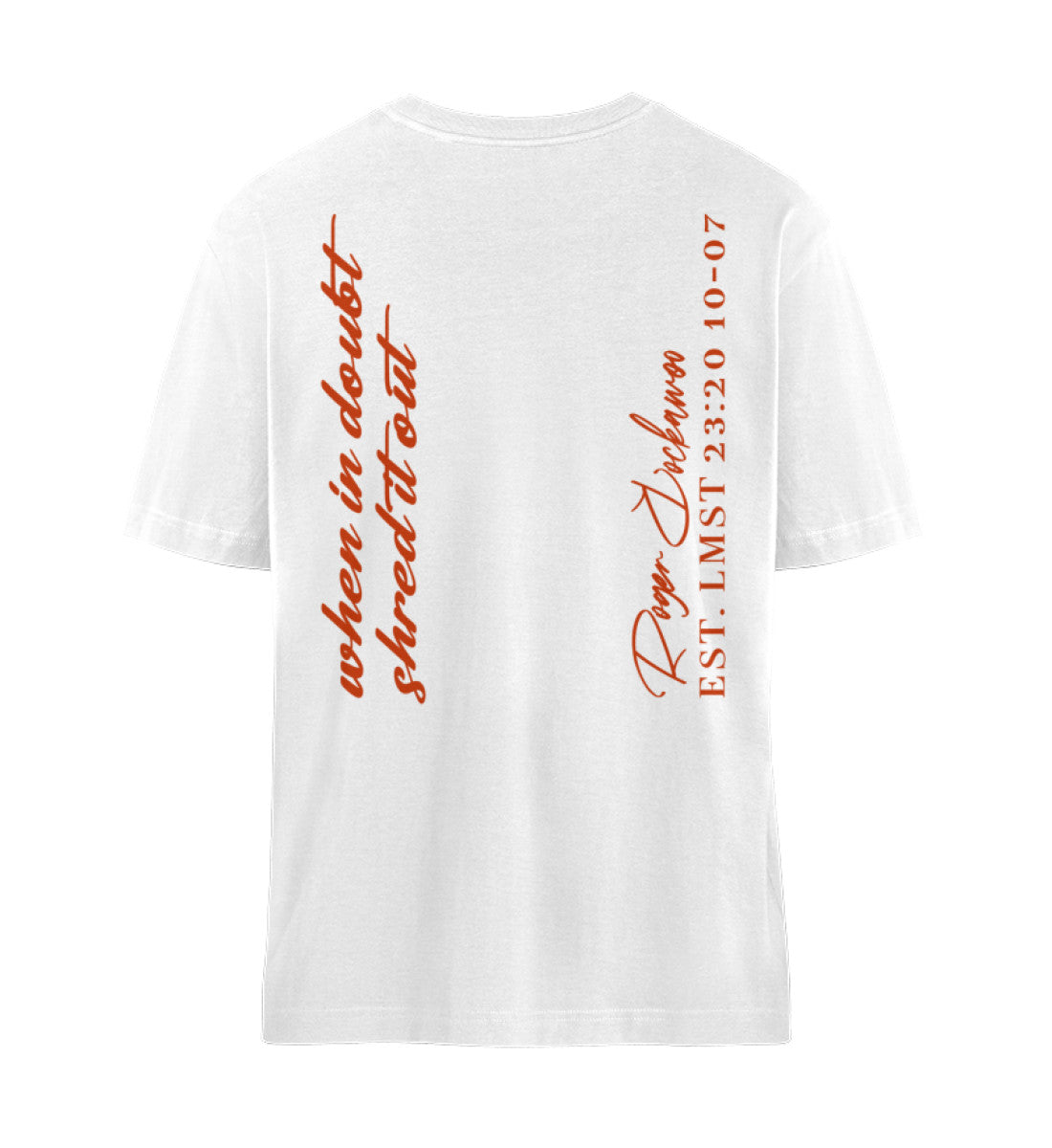 Weißes T-Shirt Unisex Relaxed Fit für Frauen und Männer bedruckt mit dem Design der Roger Rockawoo Kollektion Guitar Shred it out