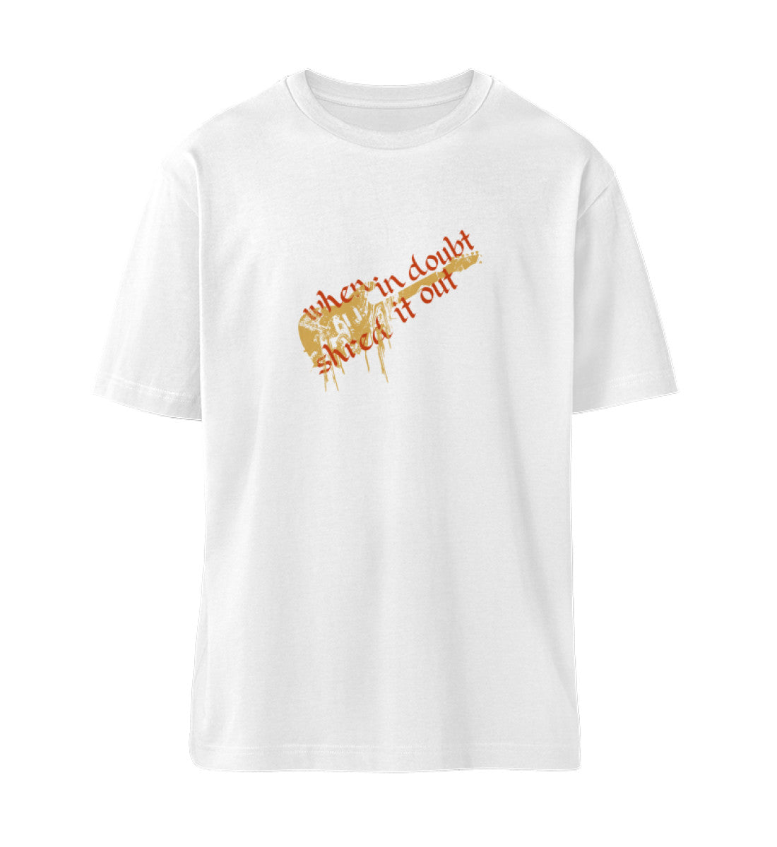 Weißes T-Shirt Unisex Relaxed Fit für Frauen und Männer bedruckt mit dem Design der Roger Rockawoo Kollektion Guitar Shred it out