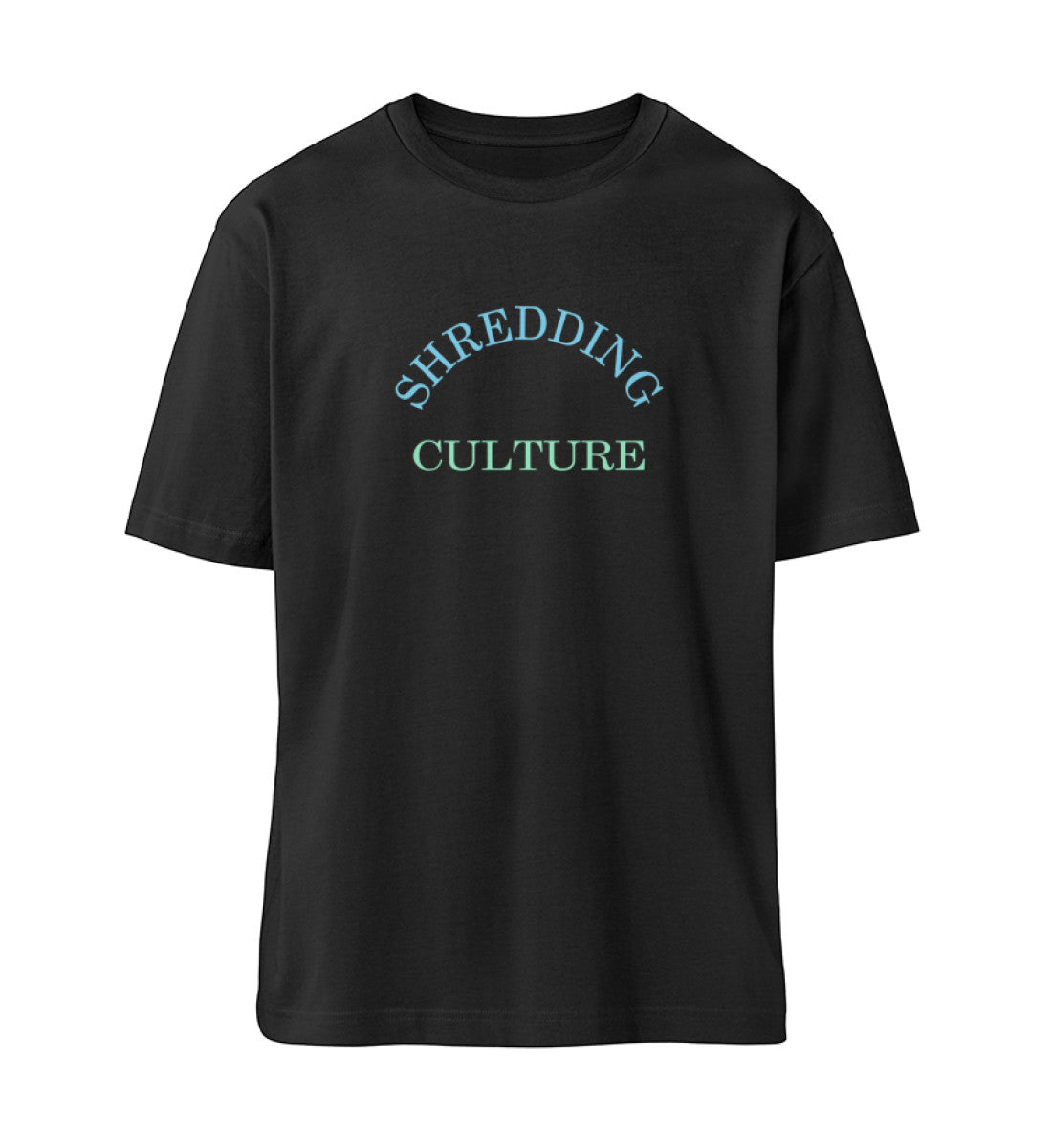 Schwarzes T-Shirt Unisex Relaxed Fit für Damen und Herren bedruckt mit dem Design der Roger Rockawoo Kollektion E-Guitar Shredding Culture Community