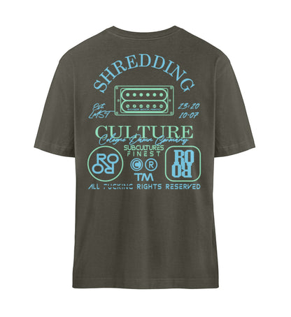 Khaki T-Shirt Unisex Relaxed Fit für Damen und Herren bedruckt mit dem Design der Roger Rockawoo Kollektion E-Guitar Shredding Culture Community