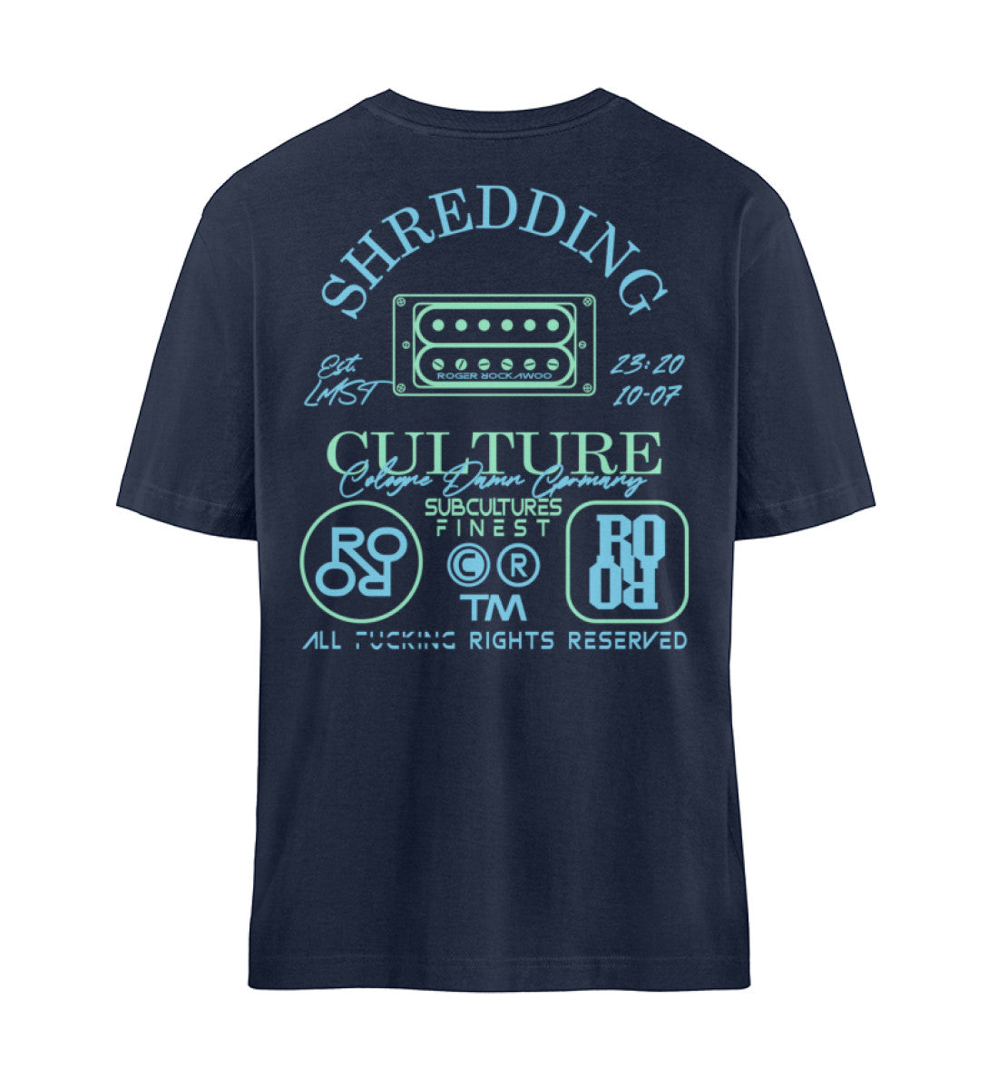 Navy Blue T-Shirt Unisex Relaxed Fit für Damen und Herren bedruckt mit dem Design der Roger Rockawoo Kollektion E-Guitar Shredding Culture Community
