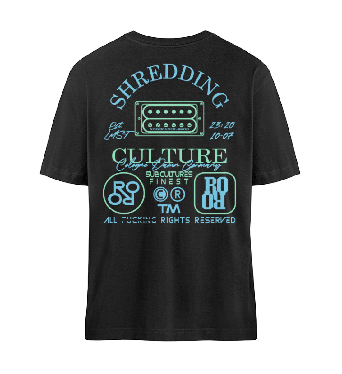 Schwarzes T-Shirt Unisex Relaxed Fit für Damen und Herren bedruckt mit dem Design der Roger Rockawoo Kollektion E-Guitar Shredding Culture Community