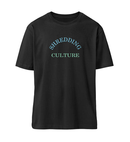 Schwarzes T-Shirt Unisex Relaxed Fit für Damen und Herren bedruckt mit dem Design der Roger Rockawoo Kollektion E-Guitar Shredding Culture Community