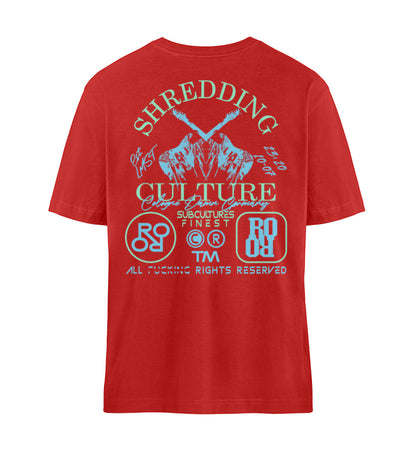 Rotes T-Shirt Unisex Relaxed Fit für Damen und Herren bedruckt mit dem Design der Roger Rockawoo Kollektion E-Guitar Shredding Culture Community