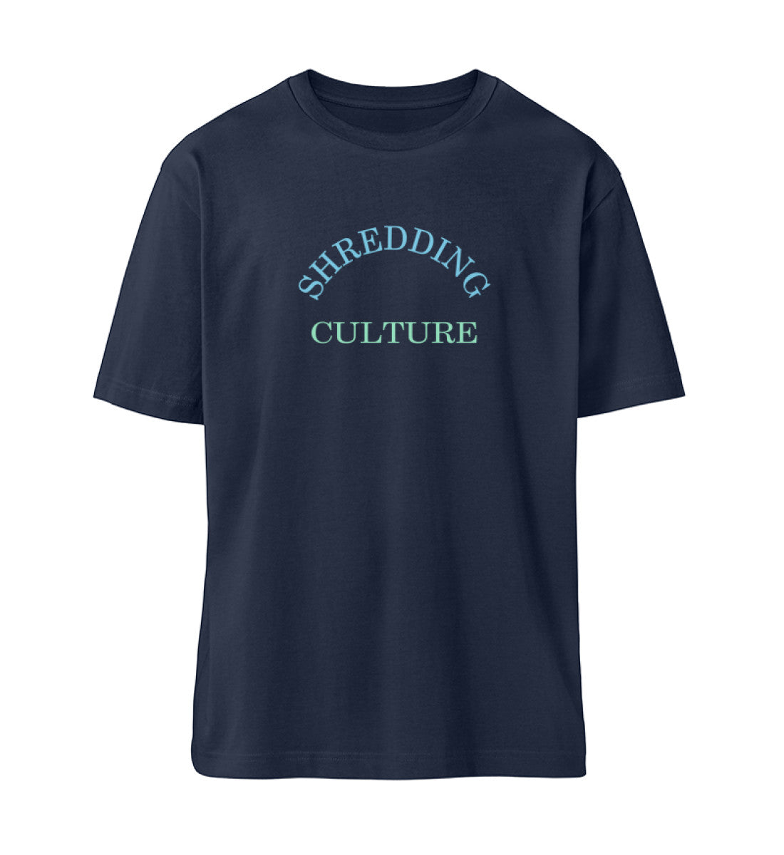 Navy Blue T-Shirt Unisex Relaxed Fit für Damen und Herren bedruckt mit dem Design der Roger Rockawoo Kollektion E-Guitar Shredding Culture Community