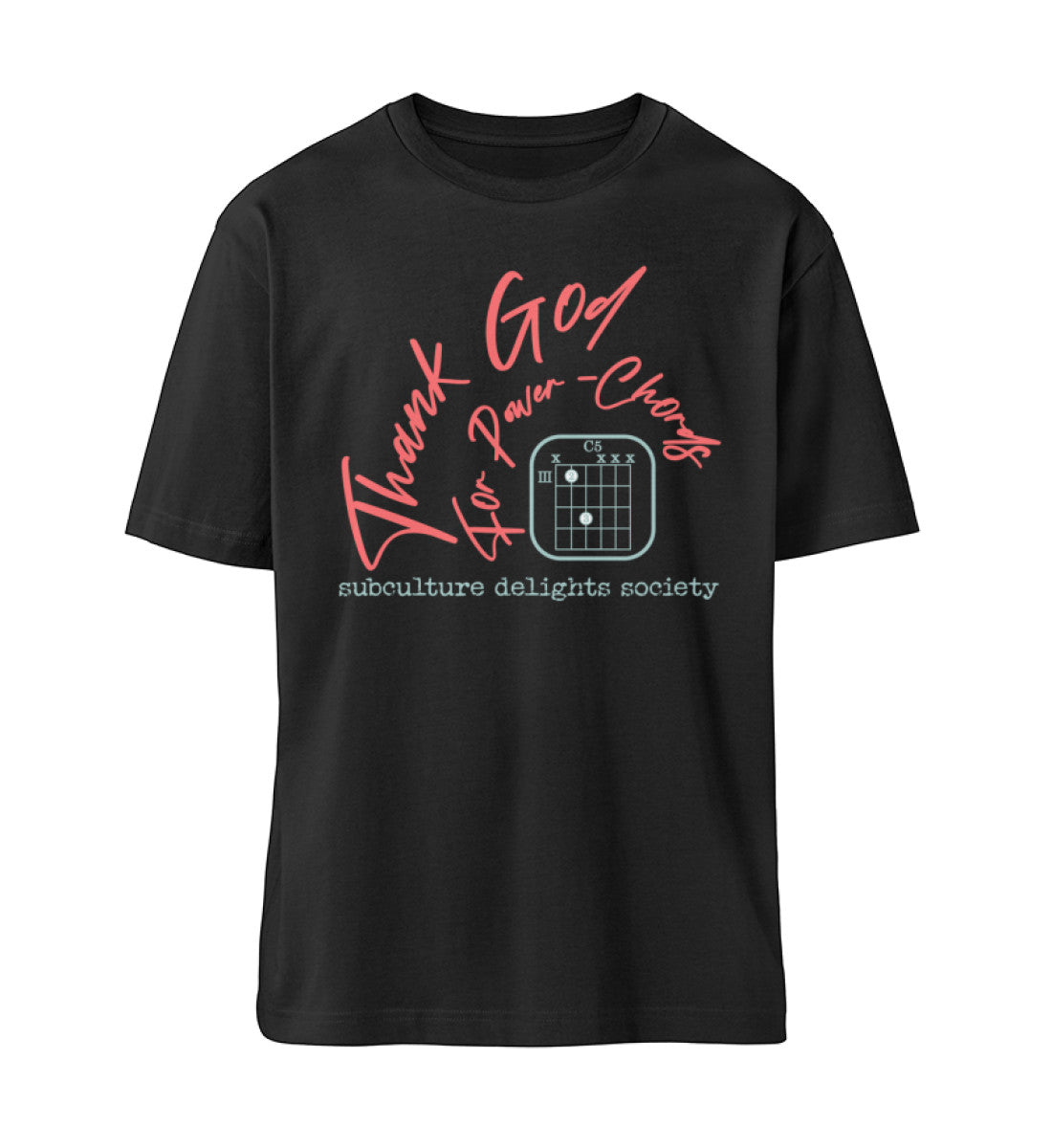 Schwarzes T-Shirt Unisex Relaxed Fit für Frauen und Männer bedruckt mit dem Design der Roger Rockawoo Clothing Kollektion Guitar thank god for power chords