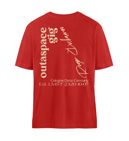 Rotes T-Shirt Unisex Relaxed Fit für Frauen und Männer bedruckt mit dem Design der Roger Rockawoo Kollektion Ufo Alien Guitarist outaspace gig