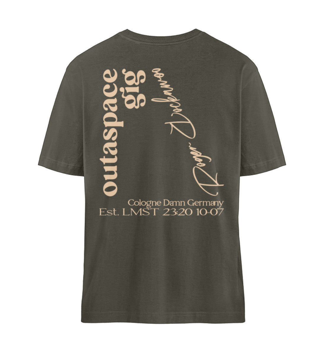 Khaki T-Shirt Unisex Relaxed Fit für Frauen und Männer bedruckt mit dem Design der Roger Rockawoo Kollektion Ufo Alien Guitarist outaspace gig