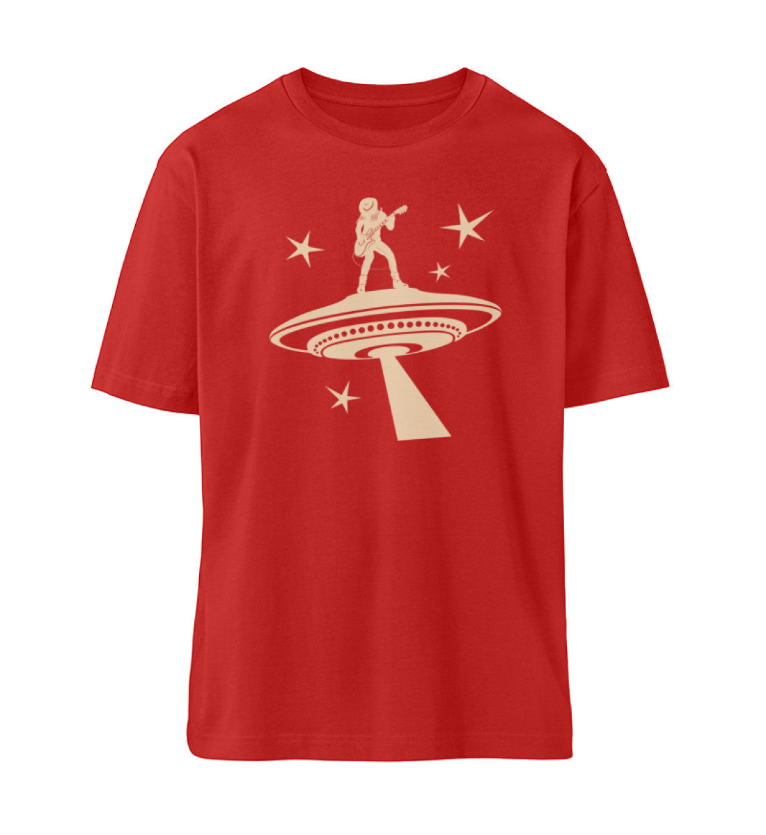 Rotes T-Shirt Unisex Relaxed Fit für Frauen und Männer bedruckt mit dem Design der Roger Rockawoo Kollektion Ufo Alien Guitarist outaspace gig