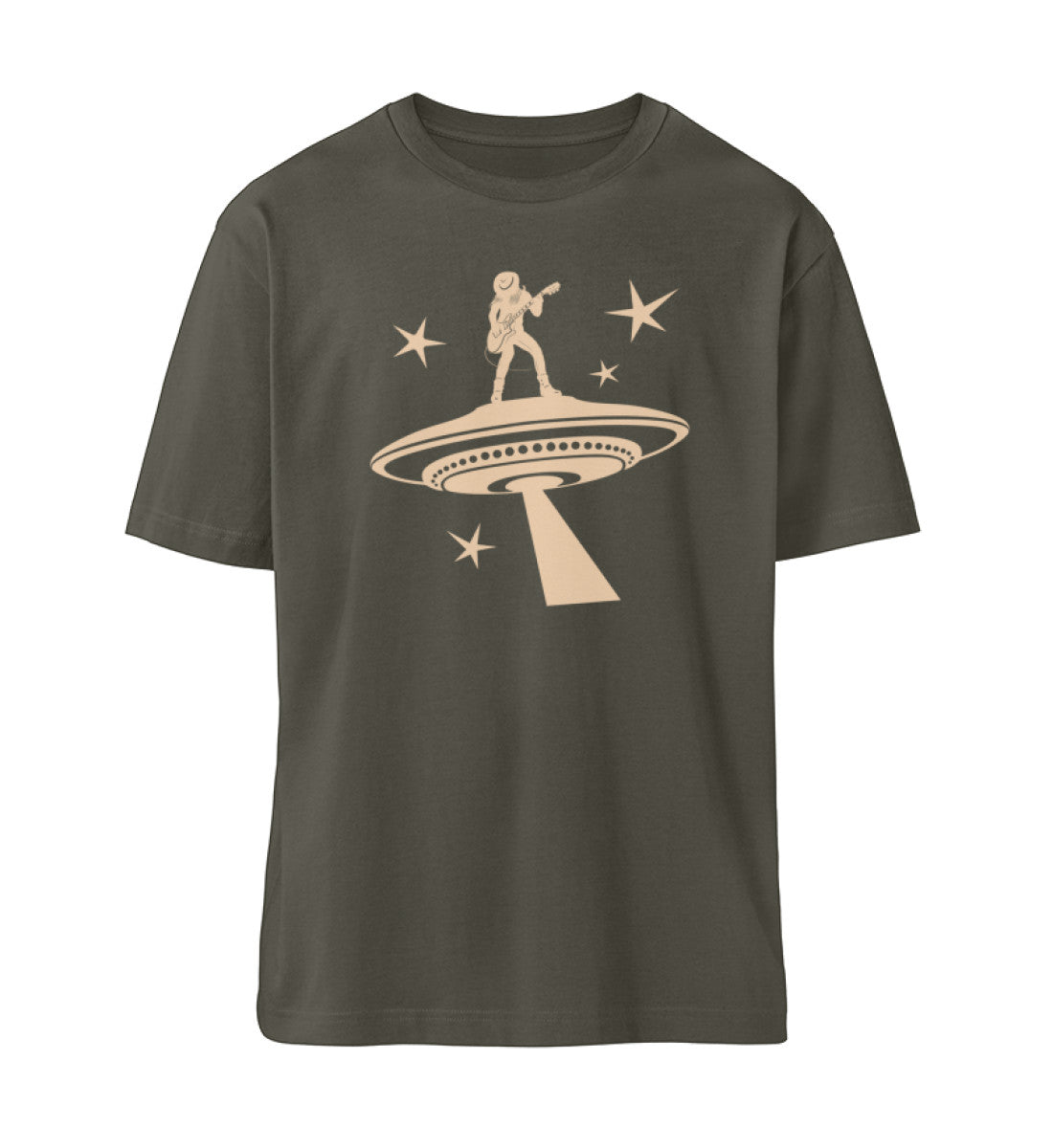 Khaki T-Shirt Unisex Relaxed Fit für Frauen und Männer bedruckt mit dem Design der Roger Rockawoo Kollektion Ufo Alien Guitarist outaspace gig