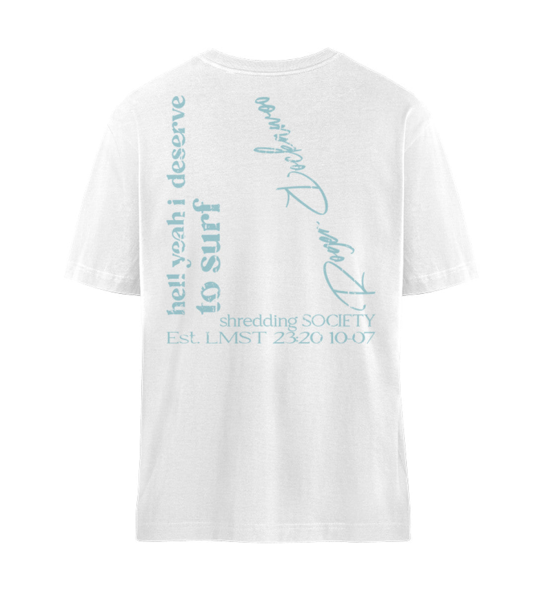 Weißes T-Shirt Unisex Relaxed Fit für Frauen und Männer bedruckt mit dem Design der Roger Rockawoo Kollektion Hell Yeah Surf