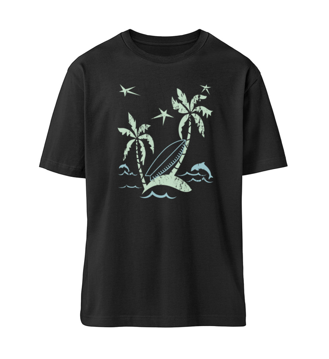 Schwarzes T-Shirt Unisex Relaxed Fit für Frauen und Männer bedruckt mit dem Design der Roger Rockawoo Kollektion Hell Yeah Surf