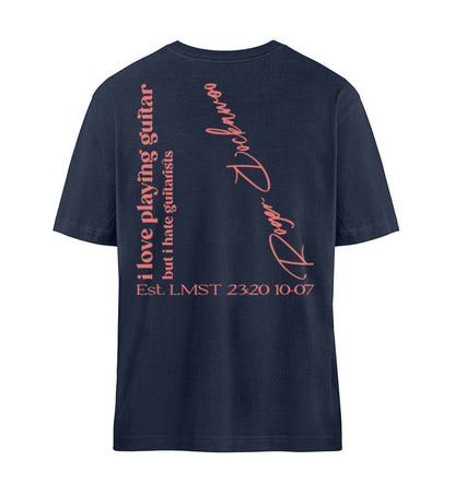 French Navy Blue T-Shirts Relaxed Fit für Frauen und Männer bedruckt mit Print Design der Love and Hate Edition im Roger Rockawoo Clothing Webstore