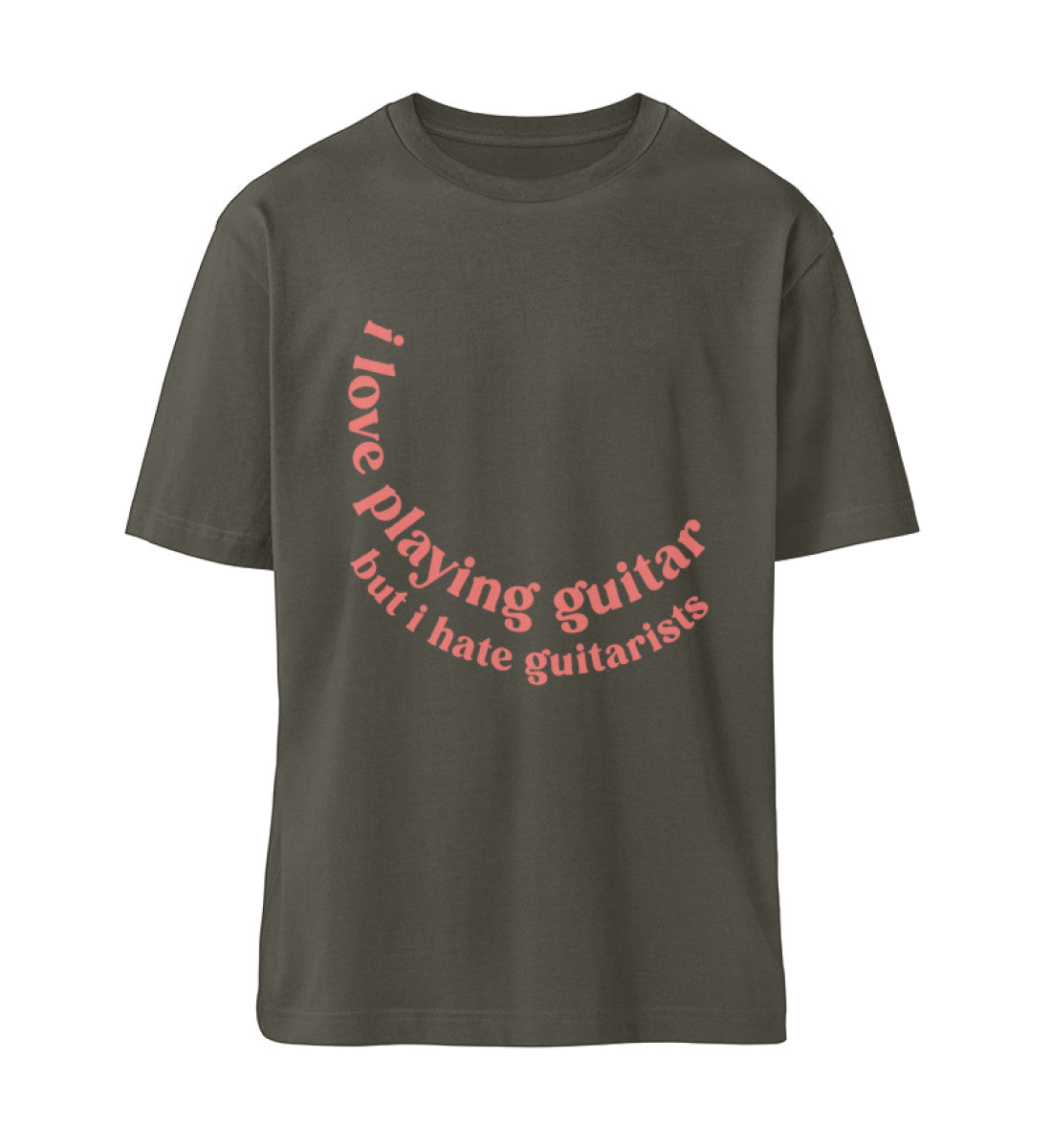 Khaki T-Shirts Relaxed Fit für Frauen und Männer bedruckt mit Print Design der Love and Hate Edition im Roger Rockawoo Clothing Webstore
