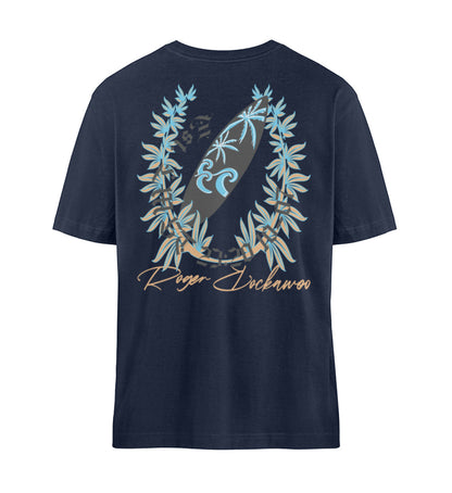 French Navy Blue farbiges T-Shirt Unisex Relaxed Fit für Frauen und Männer bedruckt mit dem Design der Roger Rockawoo Kollektion if the beach could talk