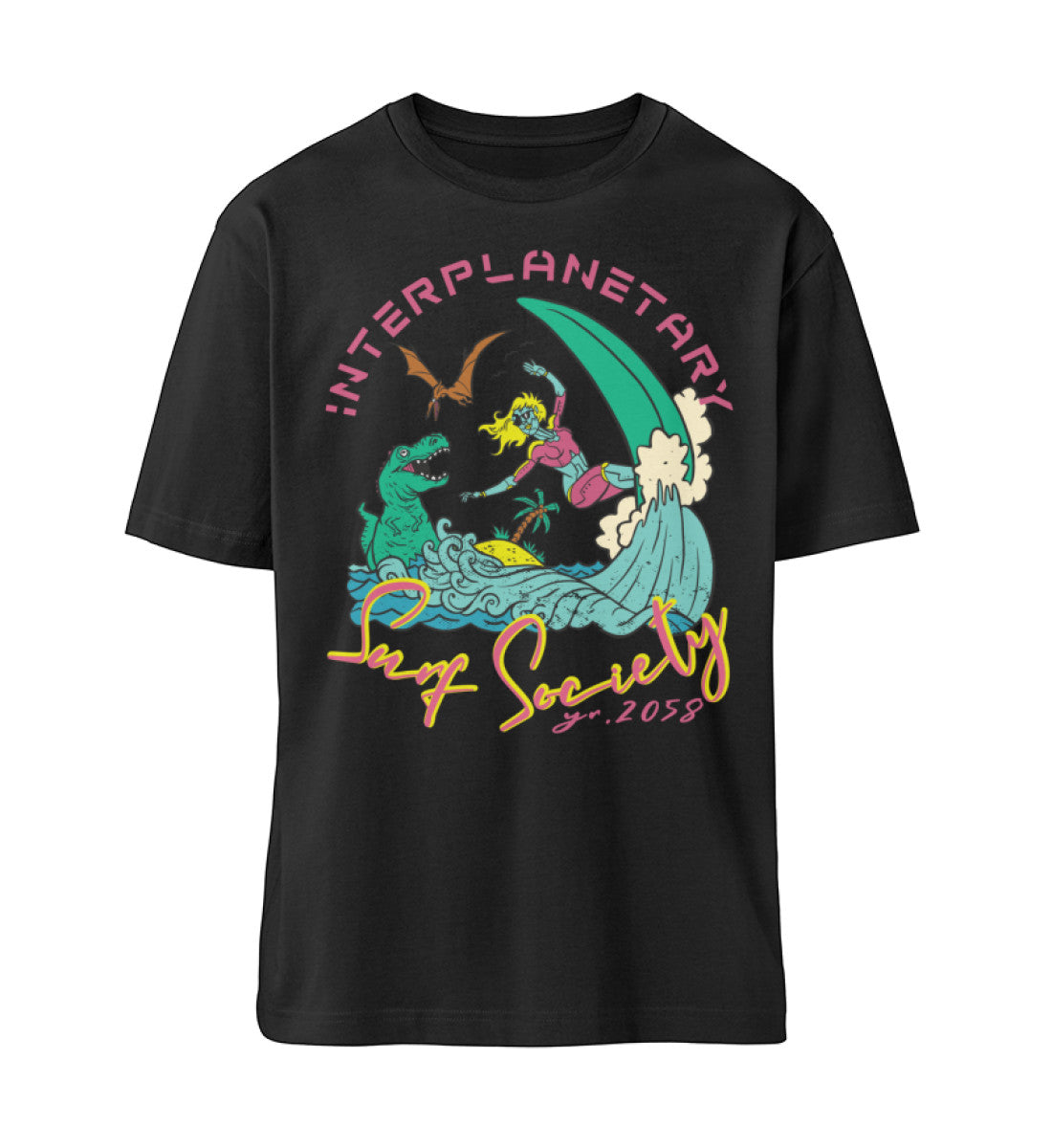 Schwarzes T-Shirt Unisex Relaxed Fit für Frauen und Männer bedruckt mit dem Design der Roger Rockawoo Kollektion interplanetary surf community