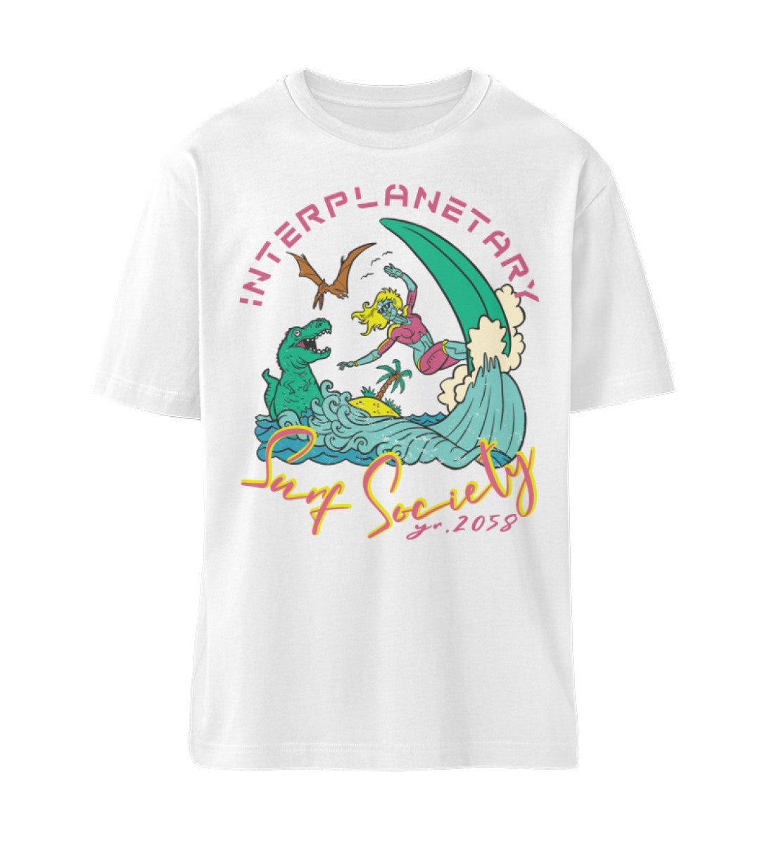 Weißes T-Shirt Unisex Relaxed Fit für Frauen und Männer bedruckt mit dem Design der Roger Rockawoo Kollektion interplanetary surf community