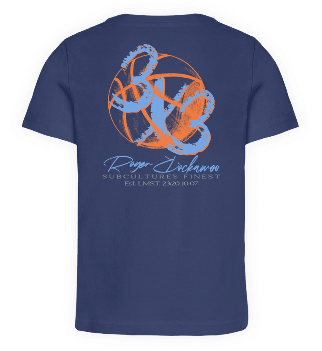 Blaues Kinder T-Shirt für Mädchen und Jungen bedruckt mit dem Design der Roger Rockawoo Kollektion Basketball 3x3 Streetball Check Ball