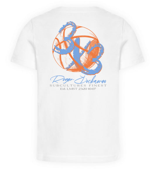 Weißes Kinder T-Shirt für Mädchen und Jungen bedruckt mit dem Design der Roger Rockawoo Kollektion Basketball 3x3 Streetball Check Ball