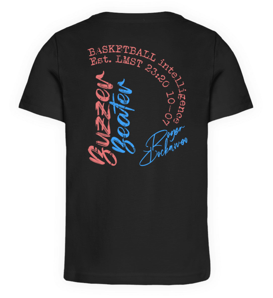 Schwarzes Kinder T-Shirt für Mädchen und Jungen bedruckt mit dem Design der Roger Rockawoo Kollektion Basketball Streetball Buzzer Beater