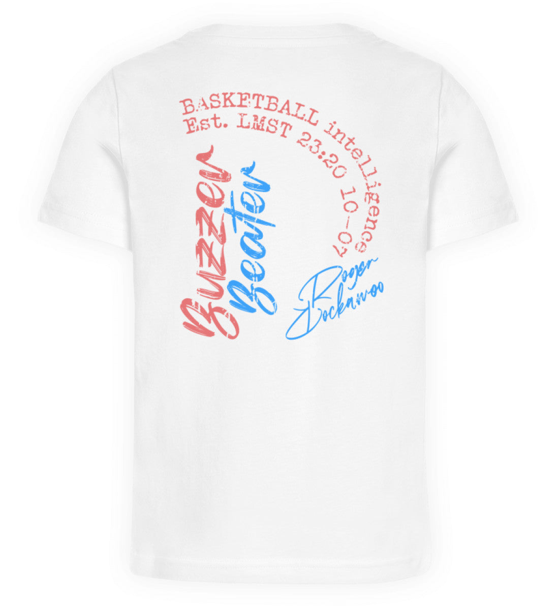 Weißes Kinder T-Shirt für Mädchen und Jungen bedruckt mit dem Design der Roger Rockawoo Kollektion Basketball Streetball Buzzer Beater