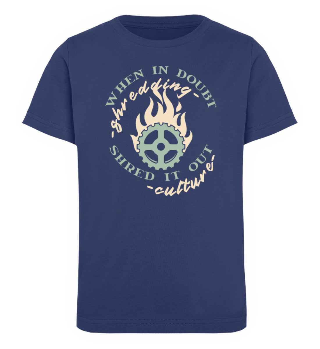 Blaues Kinder T-Shirt für Mädchen und Jungen bedruckt mit dem Design der Roger Rockawoo Kollektion BMX Mountainbike when in doubt shred it out