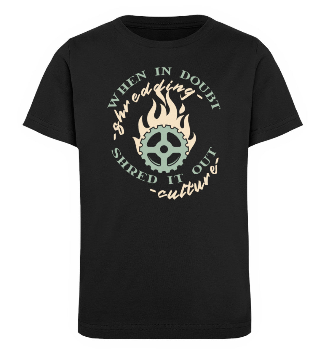 Schwarzes Kinder T-Shirt für Mädchen und Jungen bedruckt mit dem Design der Roger Rockawoo Kollektion BMX Mountainbike when in doubt shred it out
