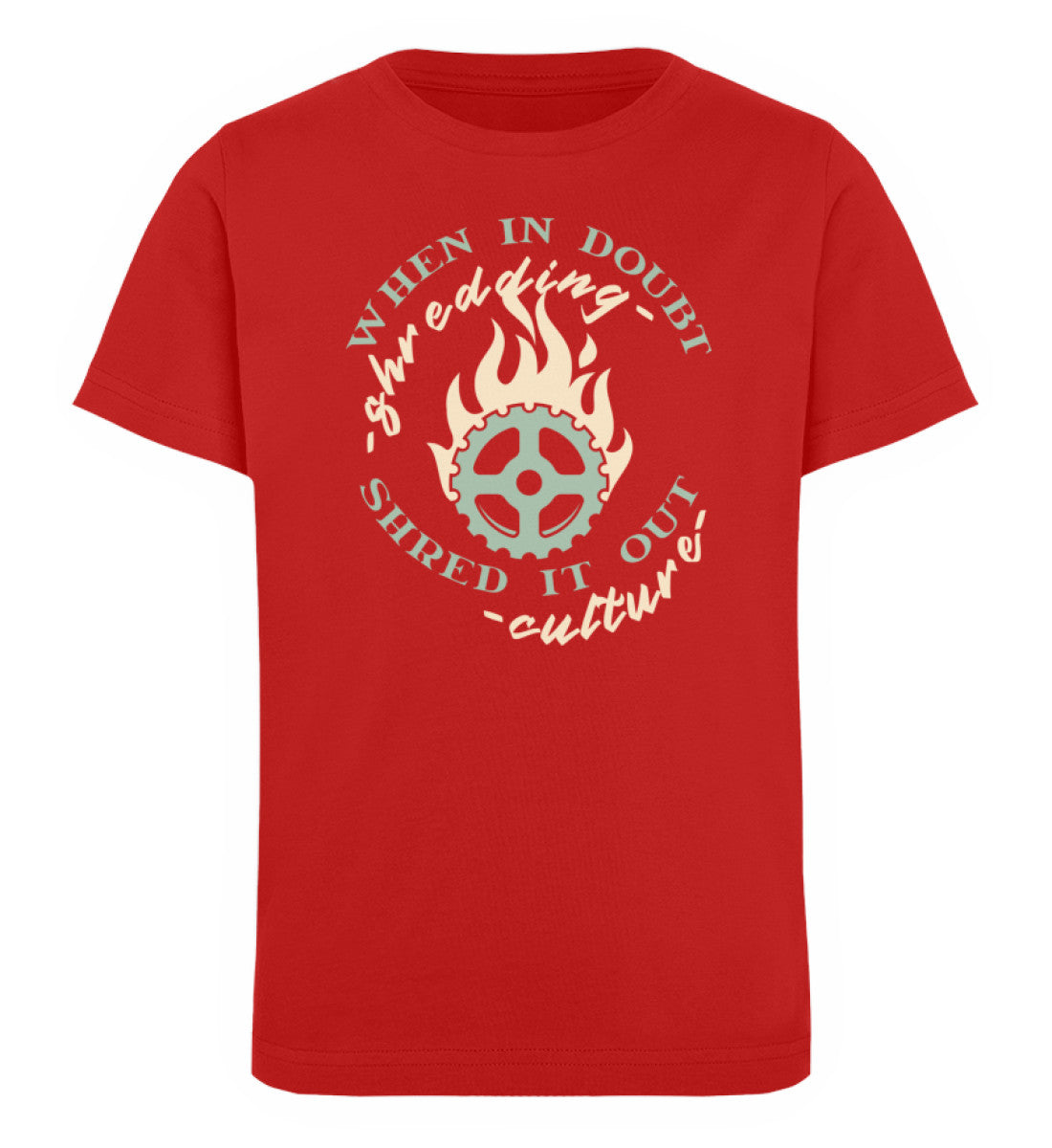 Rotes Kinder T-Shirt für Mädchen und Jungen bedruckt mit dem Design der Roger Rockawoo Kollektion BMX Mountainbike when in doubt shred it out