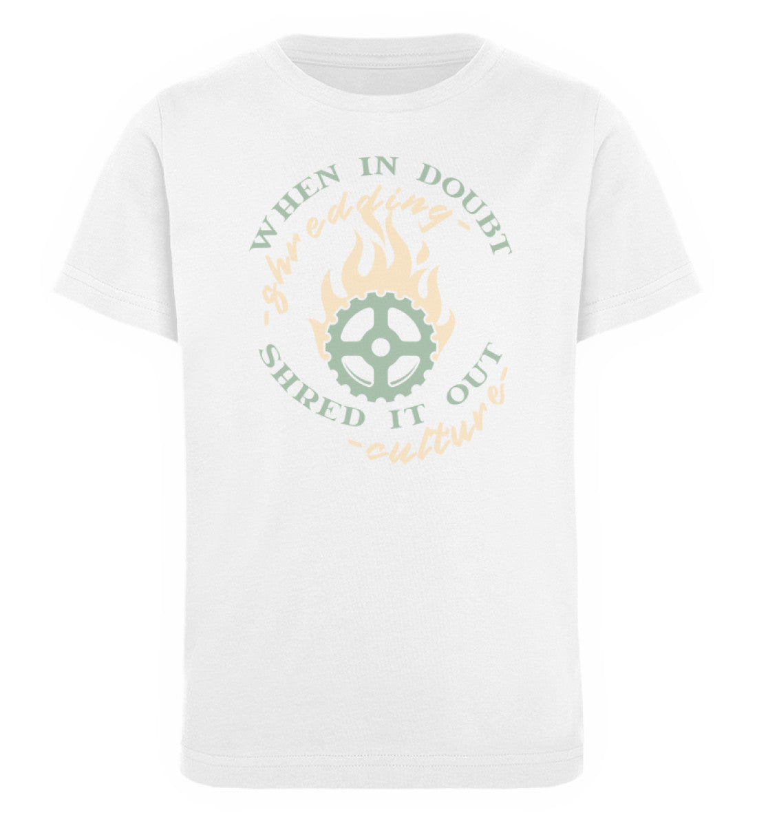 Weißes Kinder T-Shirt für Mädchen und Jungen bedruckt mit dem Design der Roger Rockawoo Kollektion BMX Mountainbike when in doubt shred it out