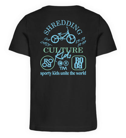 Schwarzes Kinder T-Shirt für Mädchen und Jungen bedruckt mit dem Design der Roger Rockawoo Kollektion shredding culture kids bmx